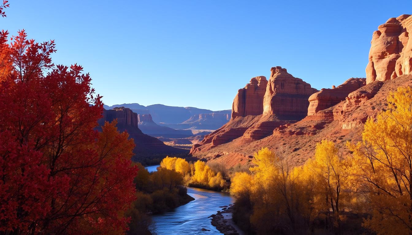 A breathtaking autumn landscape in Moab, Utah. In the foreground, vibrant red and gold leaves of towering cottonwood trees frame the winding Colorado River, its azure waters gently reflecting the cloudless sky. In the middle ground, rugged sandstone formations in shades of ochre and burnt sienna rise majestically, their weathered edges sculpted by the elements. In the distance, the iconic Moab Arch and surrounding peaks are bathed in the warm, golden light of the setting sun, creating a mesmerizing contrast against the deep blue horizon. The scene exudes a sense of tranquility and awe, perfectly capturing the essence of fall in this outdoor adventure mecca.