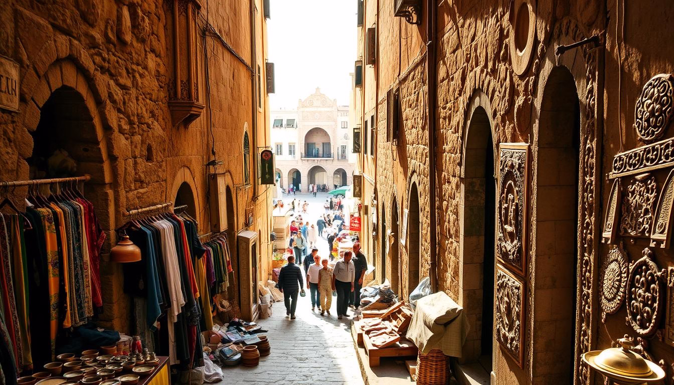 A bustling narrow alleyway winds through the ancient Casablanca Old Medina, with weathered stone walls and intricate carved archways lining the path. Sunlight filters through the small windows and doorways, casting warm, golden hues across the scene. In the foreground, local vendors display their wares - vibrant textiles, spices, and handcrafted pottery. Further back, the alley opens up to reveal a central square, bustling with the activity of daily life - people haggling, children playing, and the aroma of mint tea and freshly baked bread permeating the air. The overall atmosphere is one of timeless charm and cultural vitality, inviting the viewer to step back in time and immerse themselves in the rich history and traditions of Casablanca's historic Old Medina.
