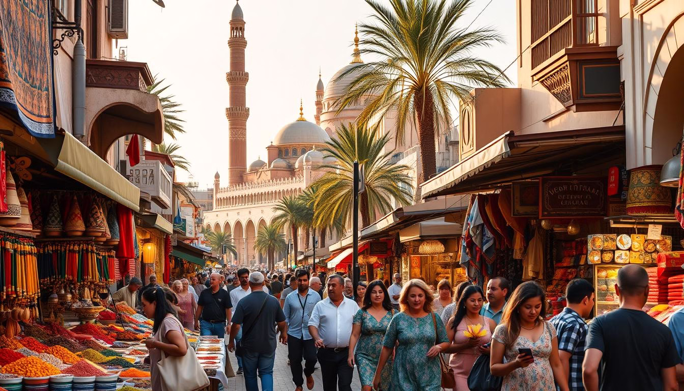 A bustling street scene in Casablanca, Morocco, where the vibrant culture comes to life. In the foreground, vendors sell colorful spices, textiles, and handcrafted goods, their stalls adorned with intricate patterns and vibrant hues. In the middle ground, locals and tourists mingle, immersed in the lively atmosphere, their traditional garments and lively gestures adding to the cultural tapestry. In the background, the iconic Hassan II Mosque rises majestically, its grand architecture and ornate details casting a serene, yet powerful presence. Warm, golden light filters through the scene, creating a sense of warmth and authenticity. The overall composition captures the essence of Casablanca's coastal charm and the rich cultural heritage of Morocco.