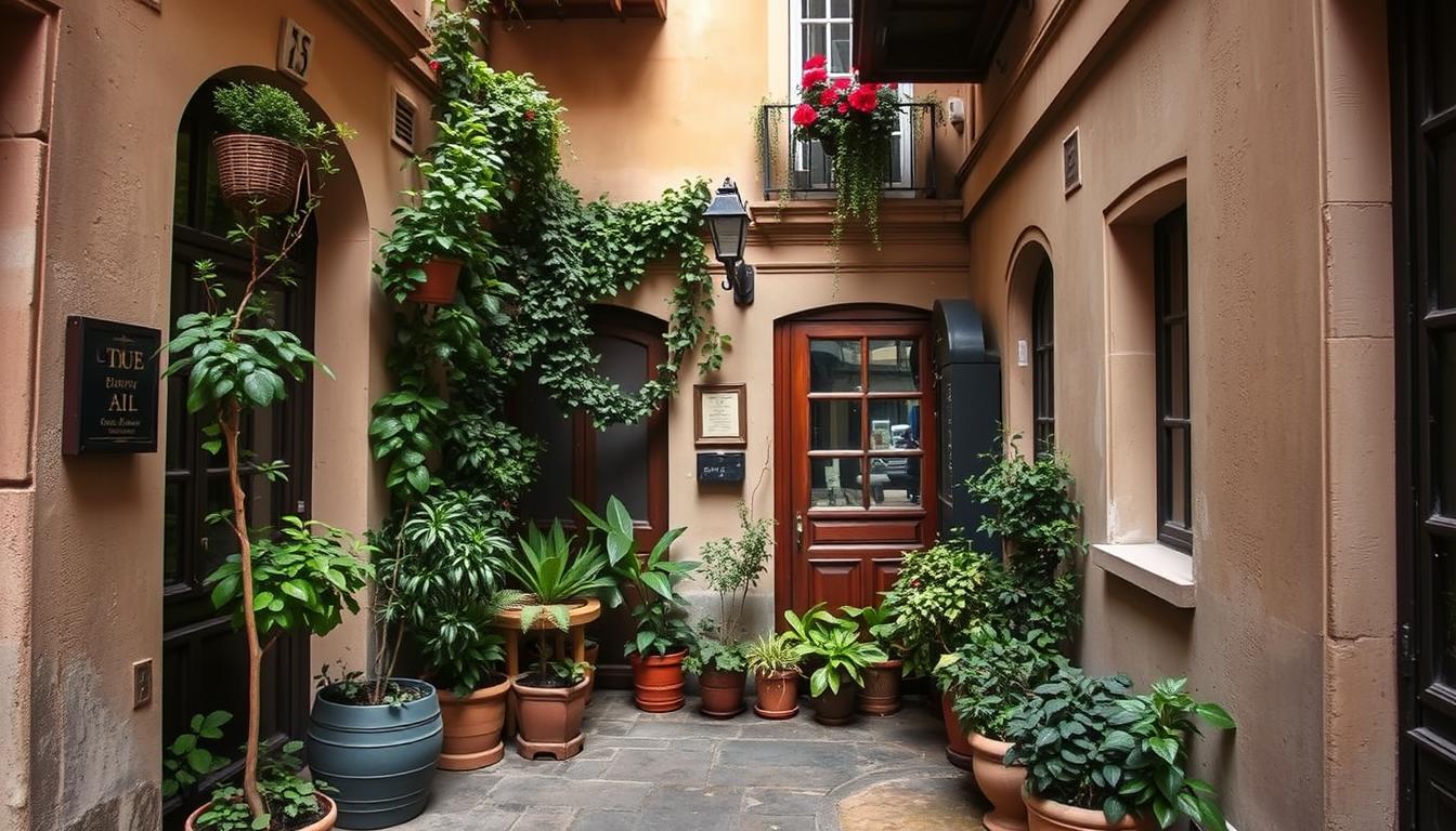 A hidden Parisian courtyard with traditional architecture and plants