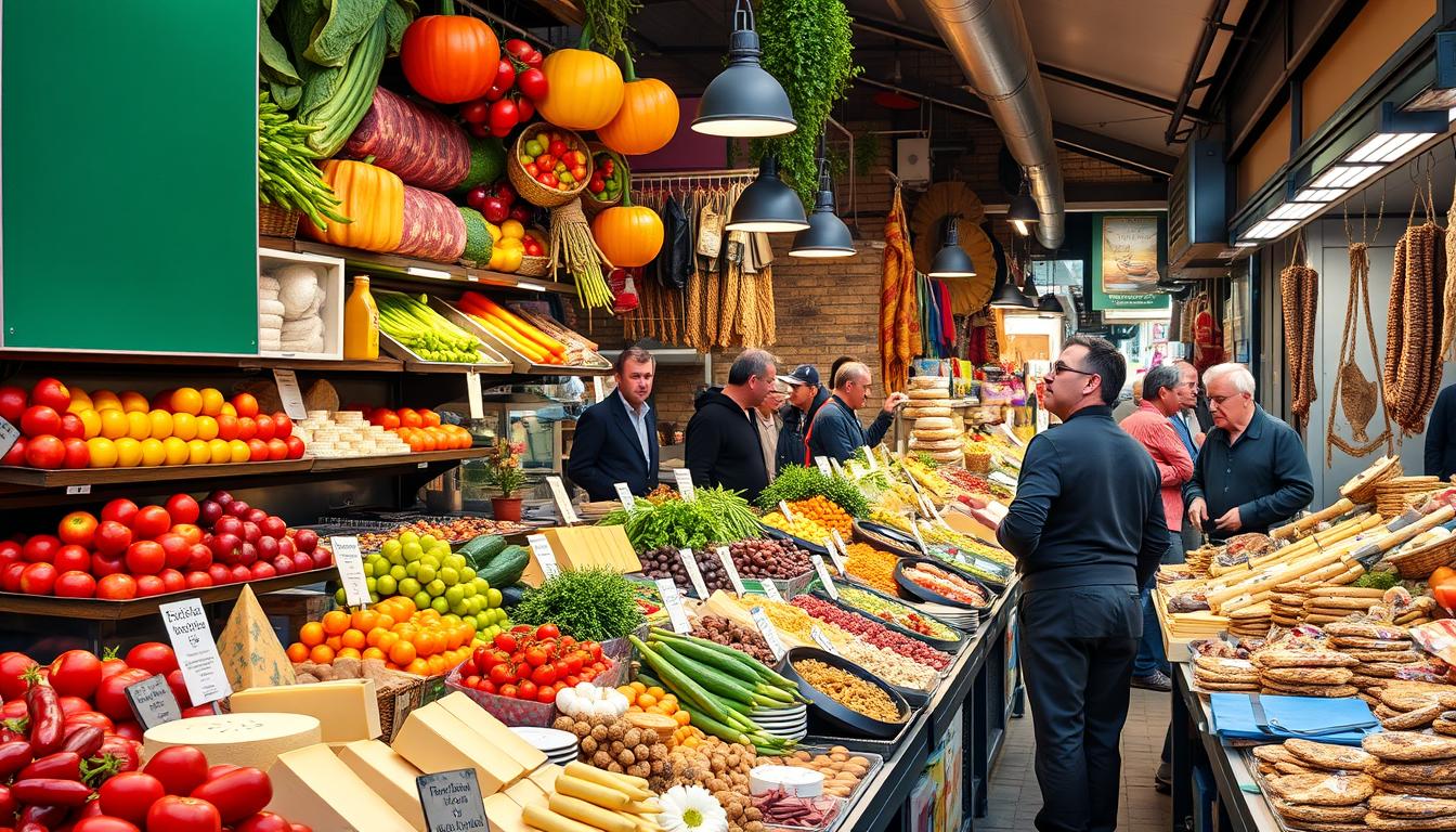 A local Roman food market with fresh produce, cheeses, and traditional products