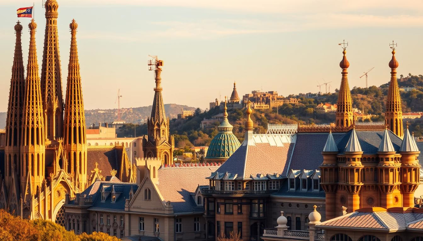 A majestic skyline of Barcelona's most iconic Gaudí landmarks, bathed in the warm glow of the Mediterranean sun. In the foreground, the sculptural forms of the Sagrada Familia Cathedral rise majestically, its intricate facades and spires reaching towards the heavens. In the middle ground, the undulating roof of Casa Batlló shimmers, its organic curves and colorful tiles reflecting the light. In the distance, the geometric towers of Park Güell climb the hillside, their unique shapes and textures blending seamlessly with the surrounding landscape. A wide-angle lens captures the grandeur and harmony of Gaudí's visionary architecture, showcasing the distinctive features that have made Barcelona a global architectural destination.