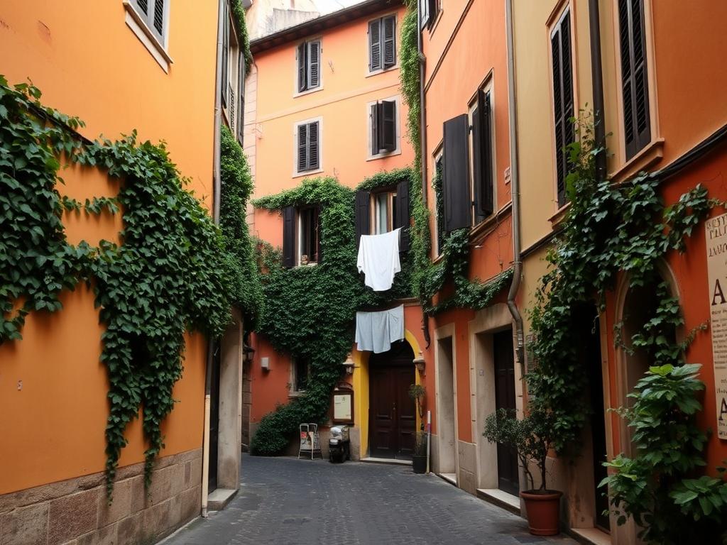 A narrow cobblestone street in Trastevere with ivy-covered buildings, laundry hanging between buildings, and no tourists