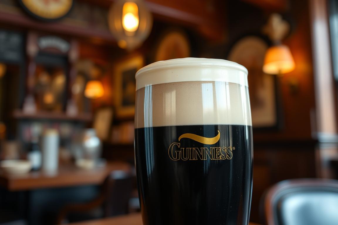 A perfectly poured pint of Guinness with the distinctive creamy head in a traditional Irish pub setting