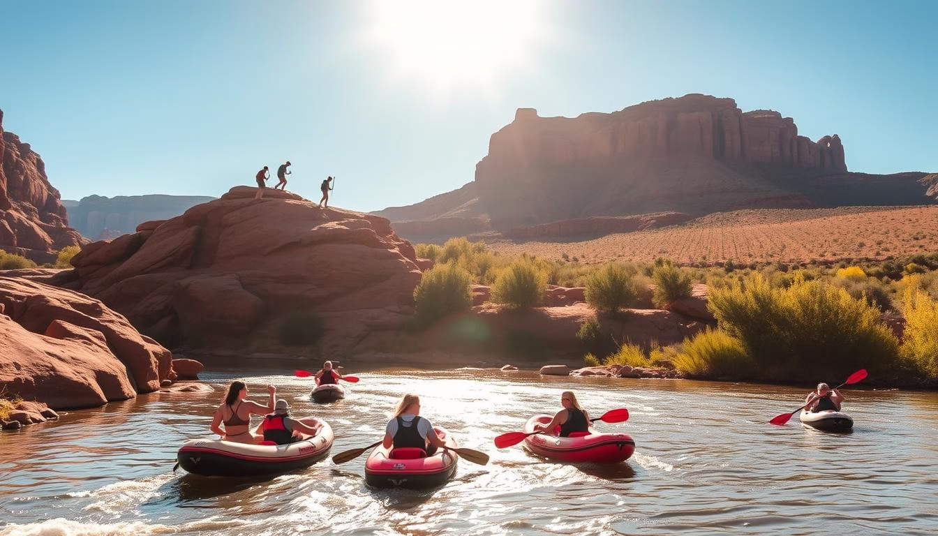 A sun-dappled morning in Moab, Utah, with rugged red rock formations framing a serene river. In the foreground, a group of adventurers paddle leisurely in inflatable kayaks, navigating the gentle rapids. Mid-frame, hikers ascend a rocky trail, their silhouettes casting long shadows against the warm sandstone. In the background, a wide-angle view reveals a sprawling landscape dotted with lush vegetation, accentuated by soft, directional lighting that casts a golden glow. The overall mood is one of tranquility and exploration, inviting the viewer to immerse themselves in the natural wonders of Moab during the summer season.