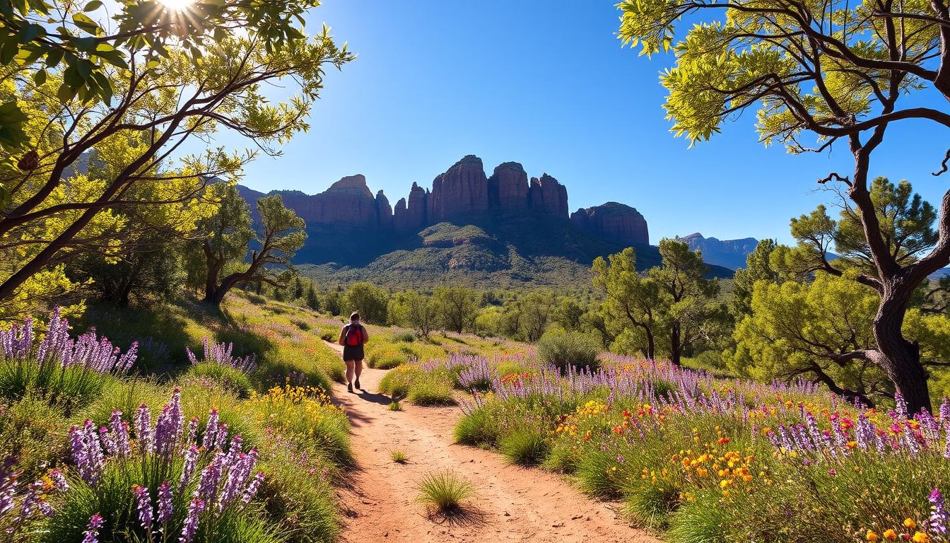 A sun-dappled trail winds through a lush, verdant landscape, dotted with vibrant wildflowers in shades of purple, yellow, and pink. Towering red rock formations rise in the distance, their majestic silhouettes framed against a brilliant blue sky. Gentle breezes rustle the leaves of the surrounding trees, creating a peaceful, serene atmosphere. Hikers traverse the path, their footsteps crunching on the well-maintained trail. The warm, moderate temperatures of a Moab spring invite exploration, with the fresh, earthy scents of the season mingling in the air.