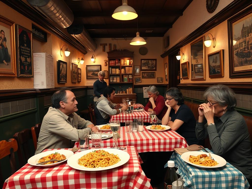 A traditional Roman trattoria in a non-touristy neighborhood with locals enjoying authentic cuisine