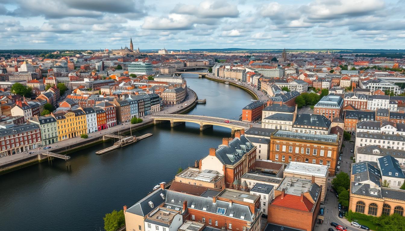 Aerial view of Dublin city center showing the River Liffey, colorful buildings, and historic architecture on a partly cloudy day