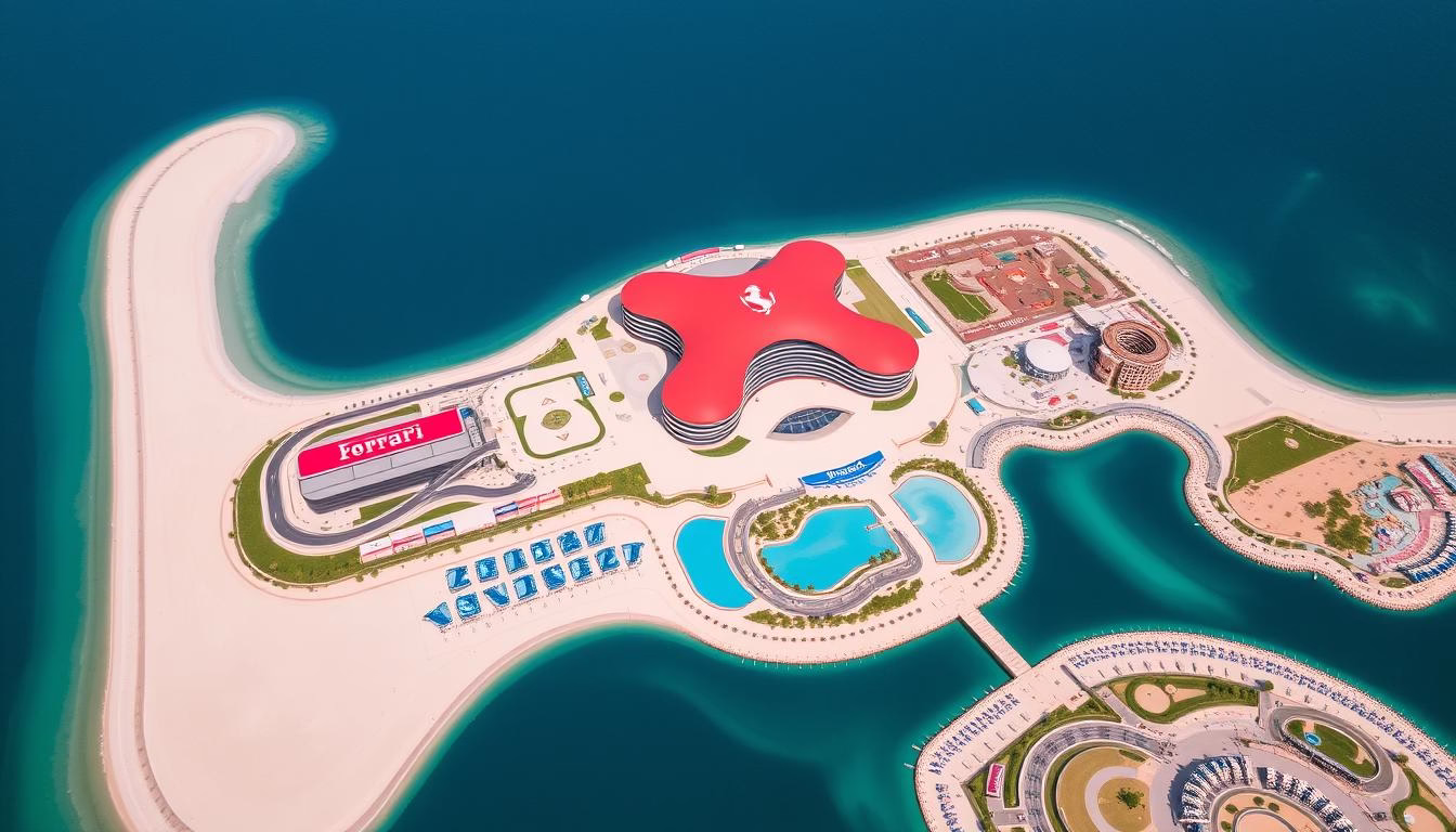 Aerial view of Yas Island showing Ferrari World's iconic red roof and the Yas Marina Circuit, one of the beautiful places to visit in Abu Dhabi
