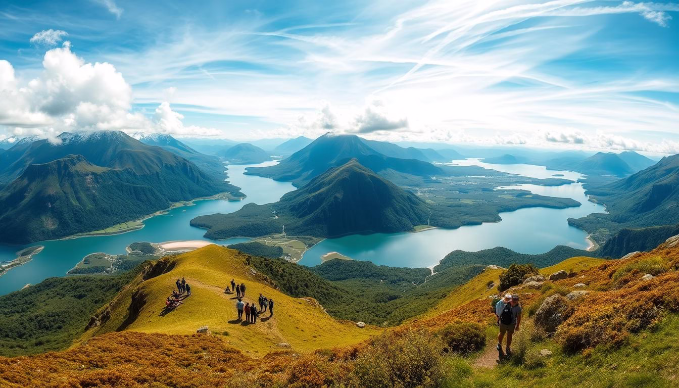 Breathtaking landscape of New Zealand's mountains and lakes with tourists enjoying the view after pandemic restrictions lifted