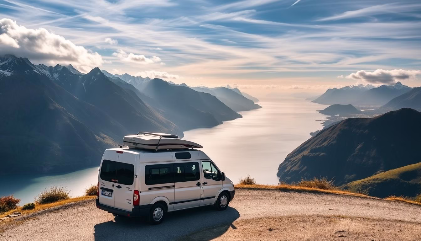 Campervan parked at scenic viewpoint during a New Zealand road trip
