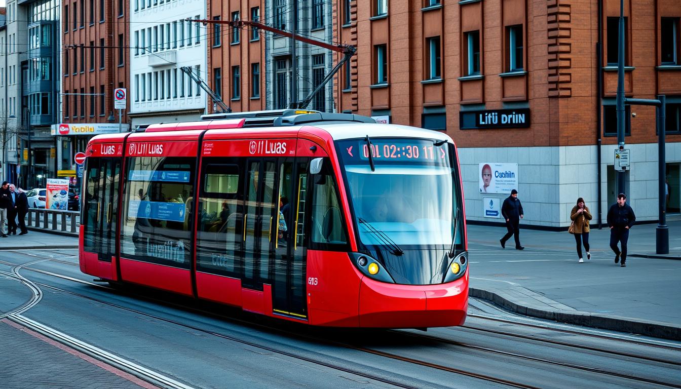 Dublin's Luas tram system passing through the city center with passengers boarding