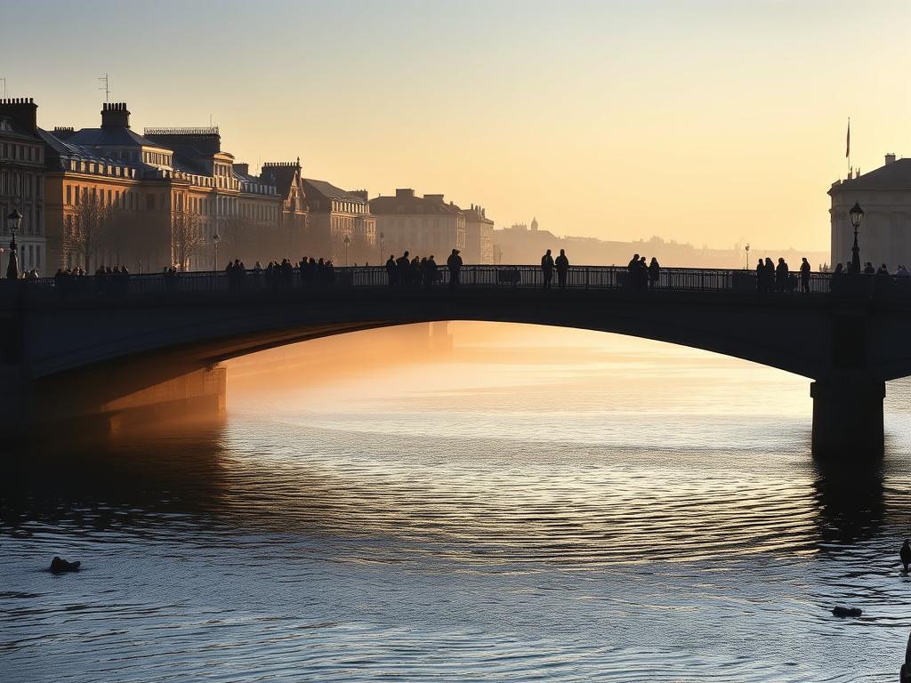 Early morning view of Ha'penny Bridge in Dublin with few pedestrians, showing how to avoid crowds