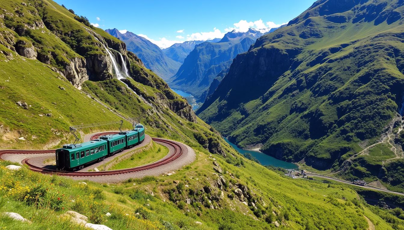 Flåm Railway train passing through dramatic mountain scenery, a Must-See Destination in Magical Norway