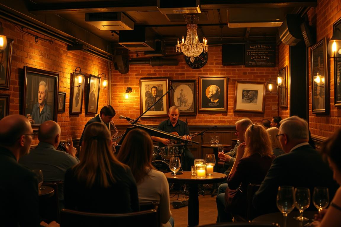 Intimate jazz club in Paris with locals enjoying live music in a cozy setting