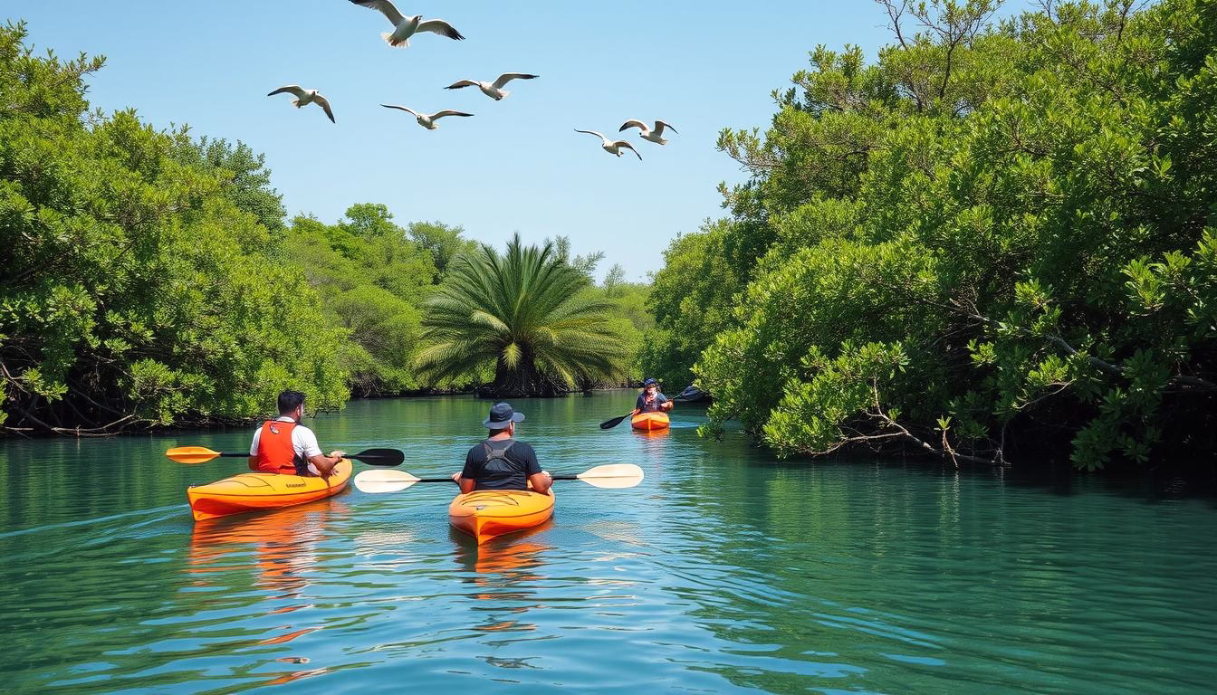 Kayakers exploring the serene waterways of Mangrove National Park in Abu Dhabi, one of the beautiful places to visit in Abu Dhabi
