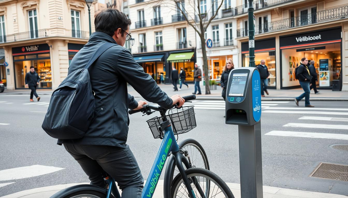 Local using Vélib' bike sharing system on a typical Parisian street