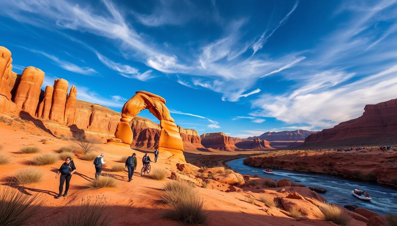 Moab, Utah - a majestic landscape of towering red rock formations, majestic arches, and sun-dappled canyons. In the foreground, a group of hikers navigates the winding trails, their silhouettes framed against the iconic Delicate Arch. In the middle ground, a mountain biker zips through the rocky terrain, while in the distance, a rafting party navigates the swift-flowing Colorado River. The sky is a brilliant azure, with wispy clouds drifting overhead, casting gentle shadows across the rugged terrain. The scene is bathed in warm, golden light, capturing the essence of Moab as a true outdoor adventure capital.
