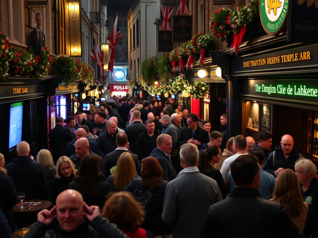 Overcrowded Temple Bar area in Dublin with tourists struggling to find seating in packed pubs
