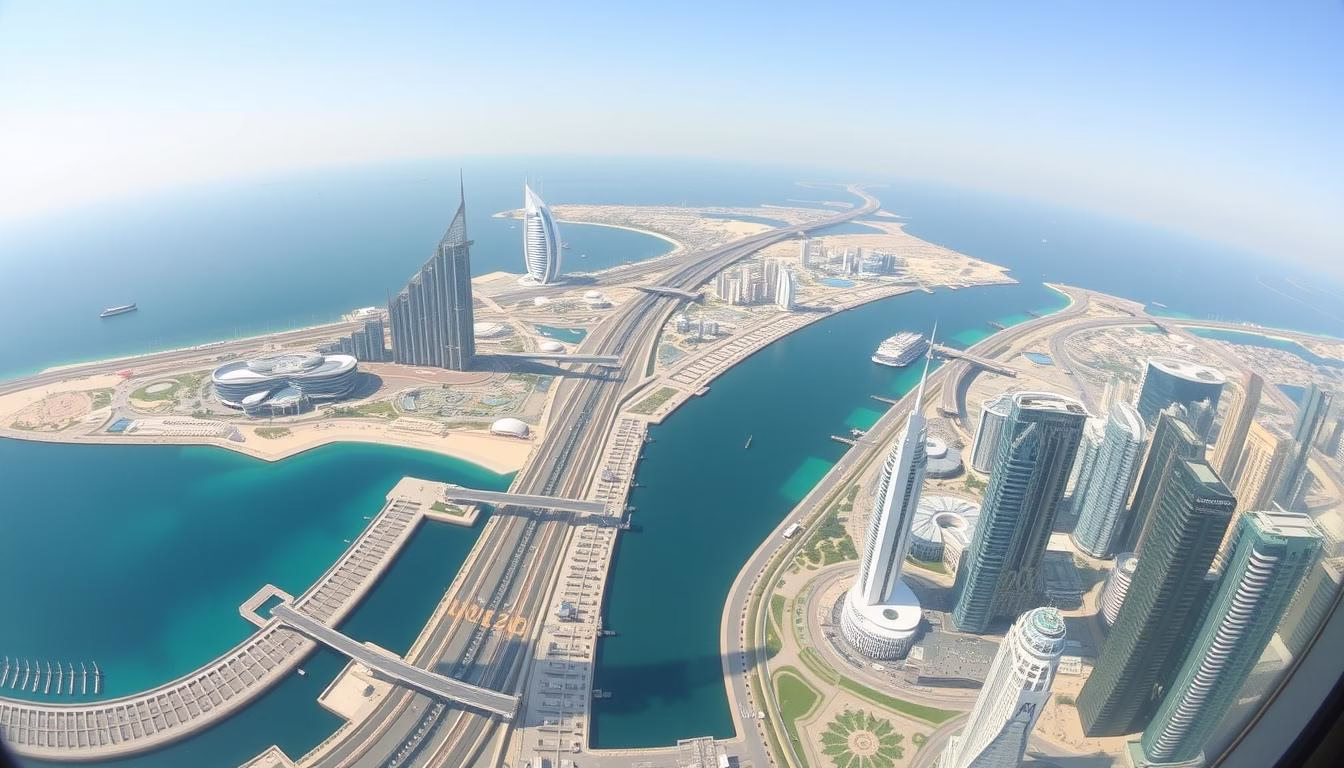 Panoramic view of Abu Dhabi's skyline and coastline from the Observation Deck at 300, one of the beautiful places to visit in Abu Dhabi