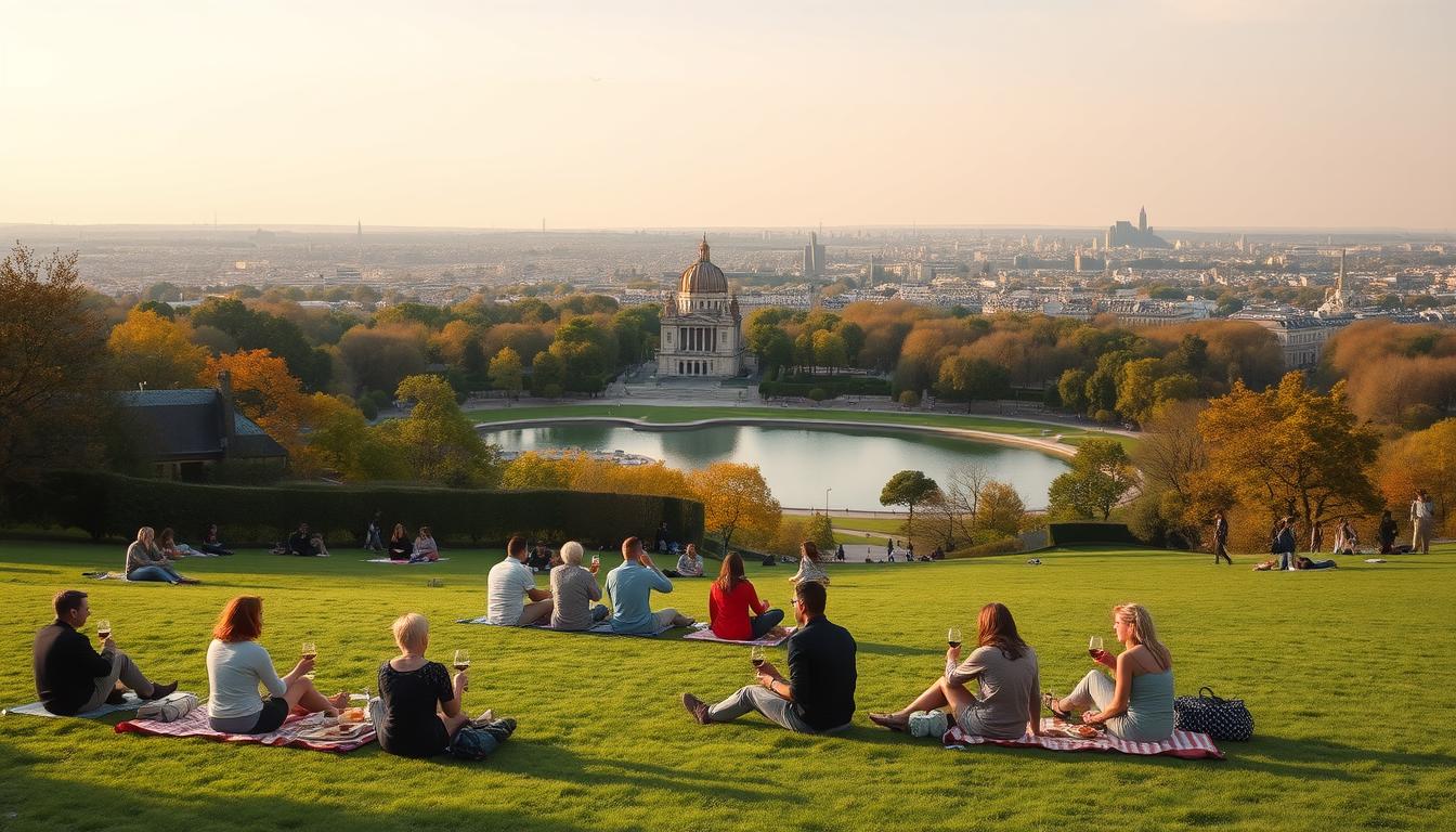 Parc des Buttes-Chaumont with locals enjoying picnics on the grass with Paris skyline views