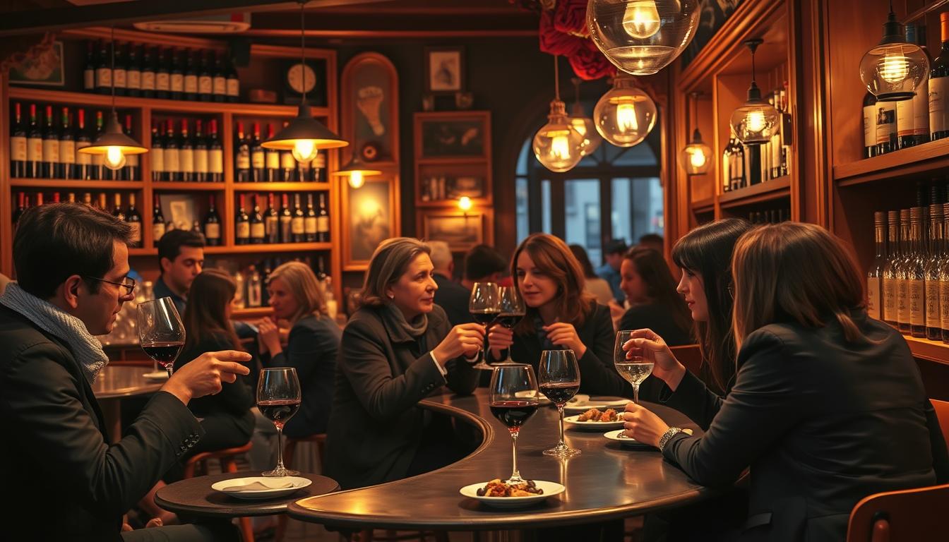 Parisians enjoying evening drinks at a local wine bar with small plates of food