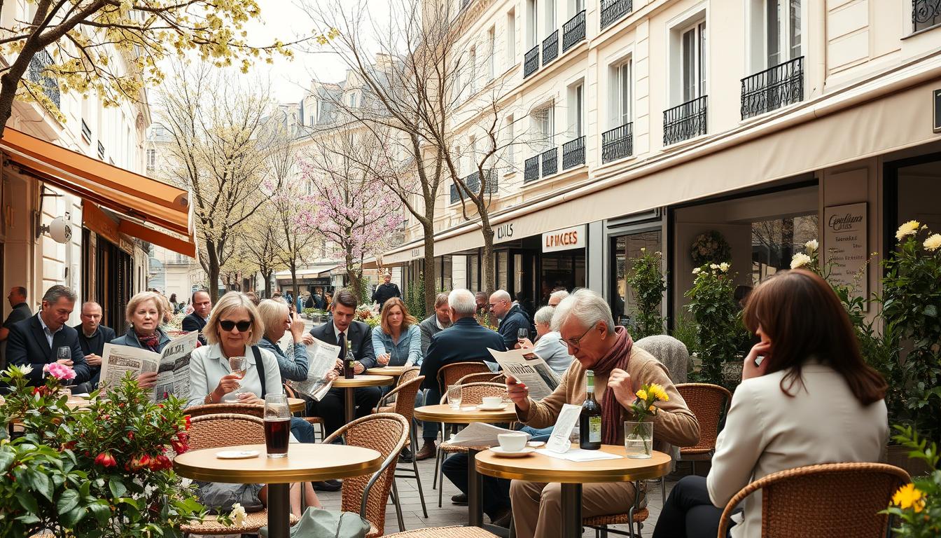 Parisians enjoying outdoor café terraces during spring in a local neighborhood