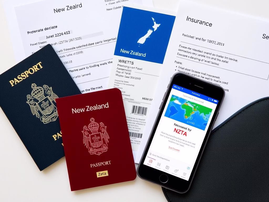 Passport with New Zealand visa and entry documents for international travelers