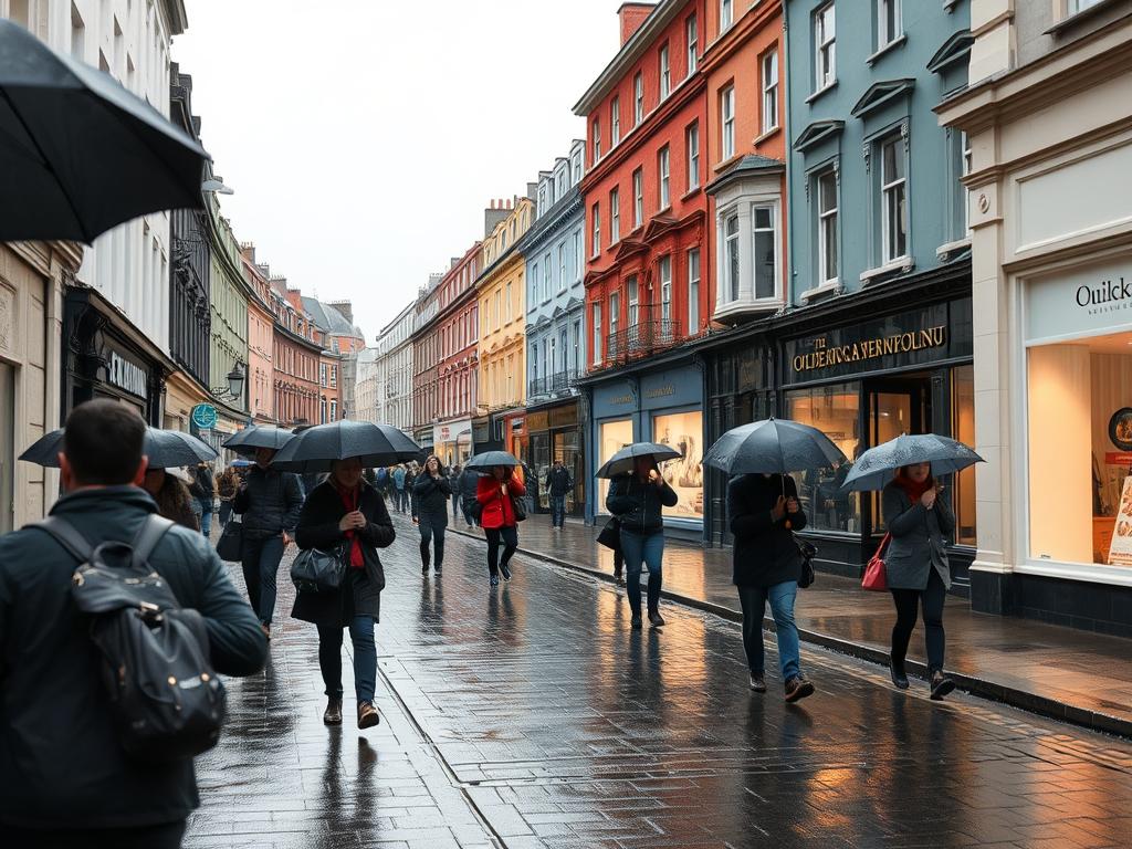 Rainy day in Dublin with pedestrians using umbrellas while walking past colorful Georgian buildings