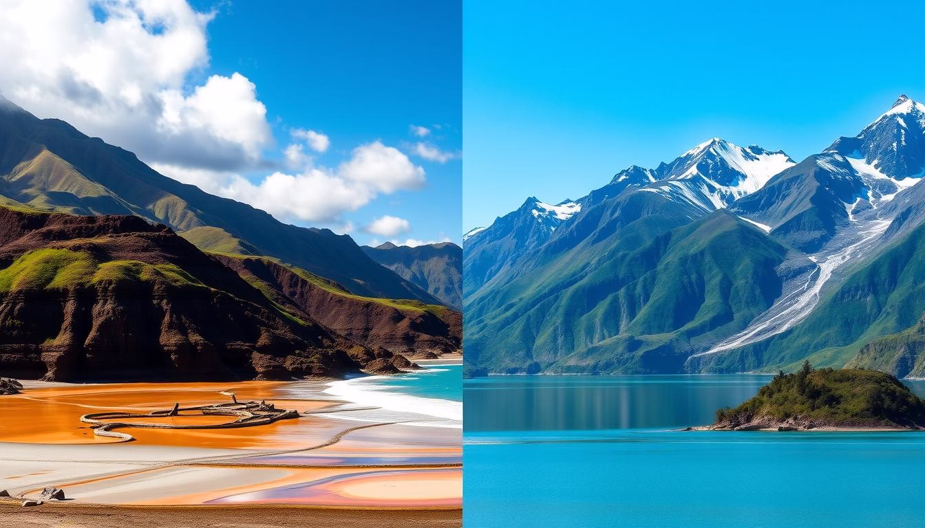 Split image comparing North Island and South Island landscapes in New Zealand