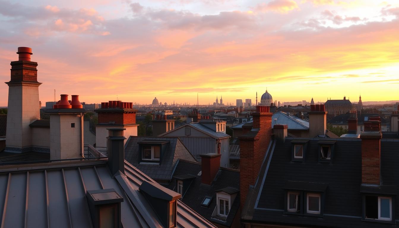 Sunset view of Paris rooftops from a local neighborhood perspective