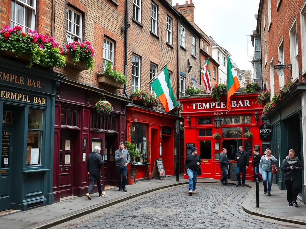 Temple Bar district in Dublin with colorful pubs, cobblestone streets, and tourists enjoying the atmosphere