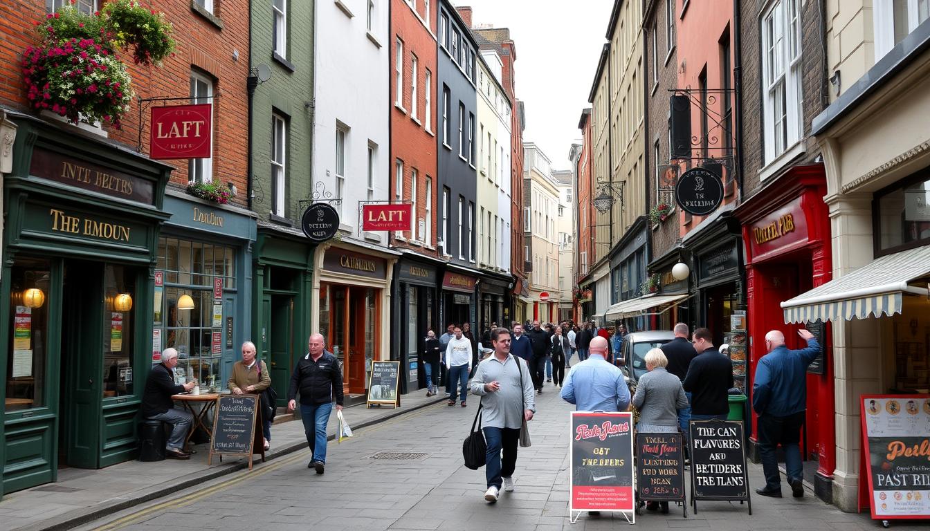The Liberties district in Dublin showing colorful local shops, historic buildings, and everyday Irish life away from tourist areas