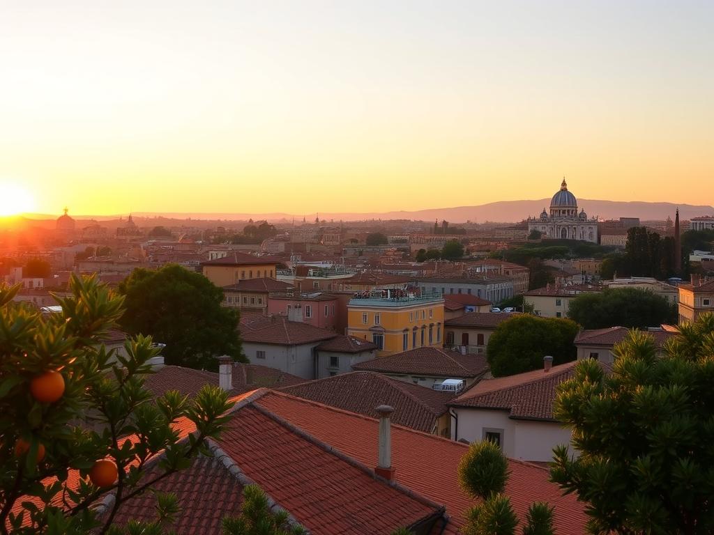 The Orange Garden (Giardino degli Aranci) on Aventine Hill with its panoramic view of Rome at sunset