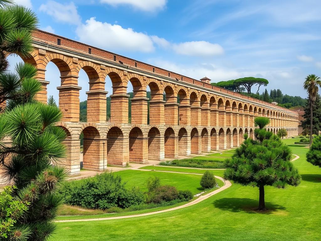 The Park of the Aqueducts showing ancient Roman aqueducts stretching across a green landscape
