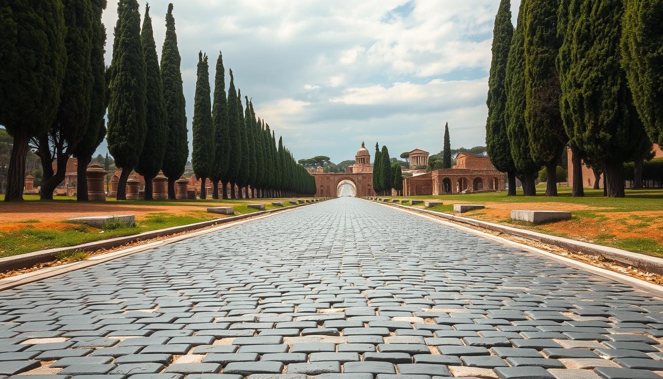 The ancient cobblestones of Via Appia Antica lined with cypress trees and Roman ruins