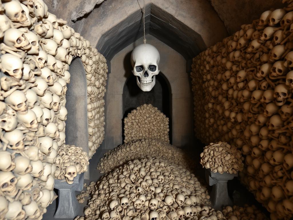 The bone chapel at the Capuchin Crypt showing intricate decorations made from human bones