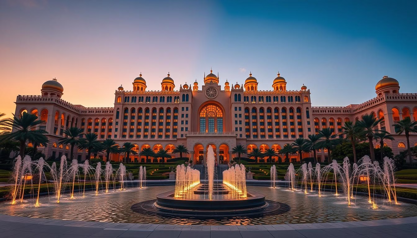 The grand exterior of Emirates Palace with its golden domes and lush gardens, one of the most beautiful places to visit in Abu Dhabi