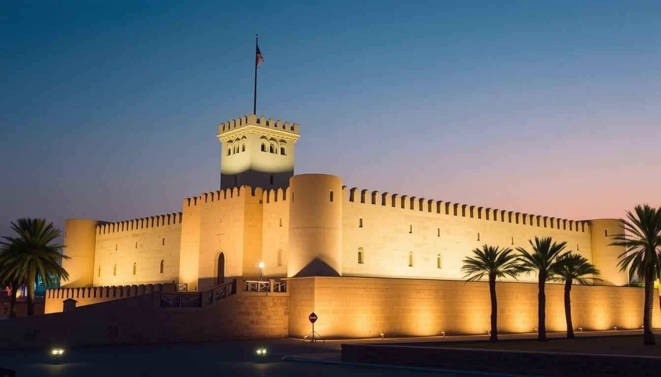 The historic white fort of Qasr Al Hosn illuminated at night, one of the beautiful places to visit in Abu Dhabi