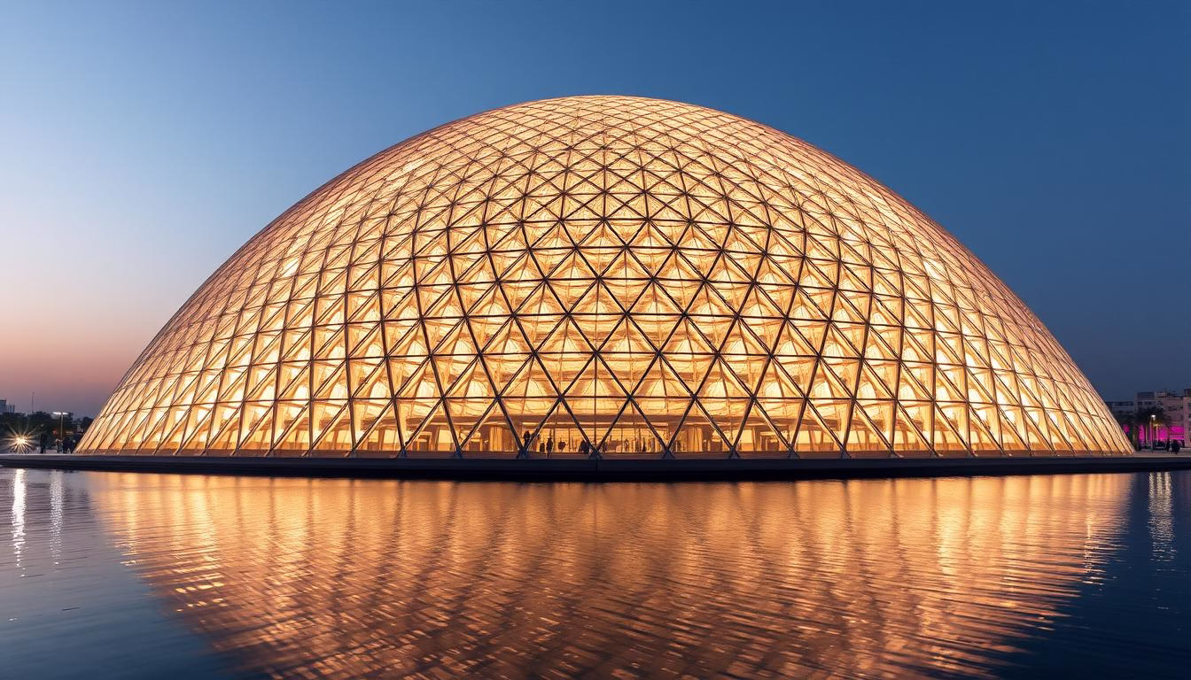 The iconic dome of Louvre Abu Dhabi creating a rain of light effect, showcasing one of the most beautiful places to visit in Abu Dhabi