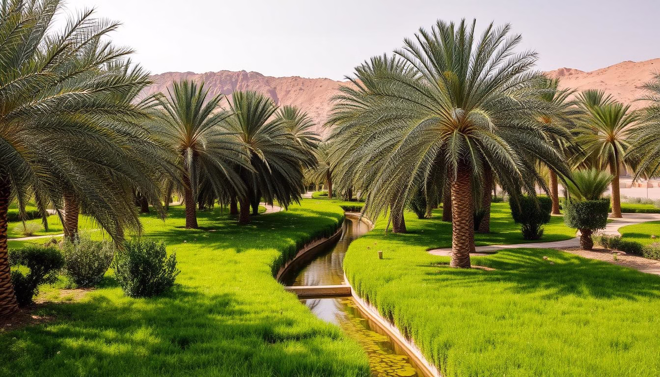 The lush palm groves and traditional falaj irrigation system of Al Ain Oasis, one of the beautiful places to visit in Abu Dhabi