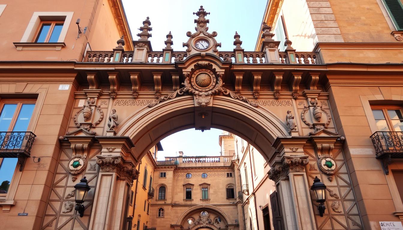 The ornate entrance arch to Quartiere Coppedè in Rome, showing the fairytale-like architecture with intricate details and decorations
