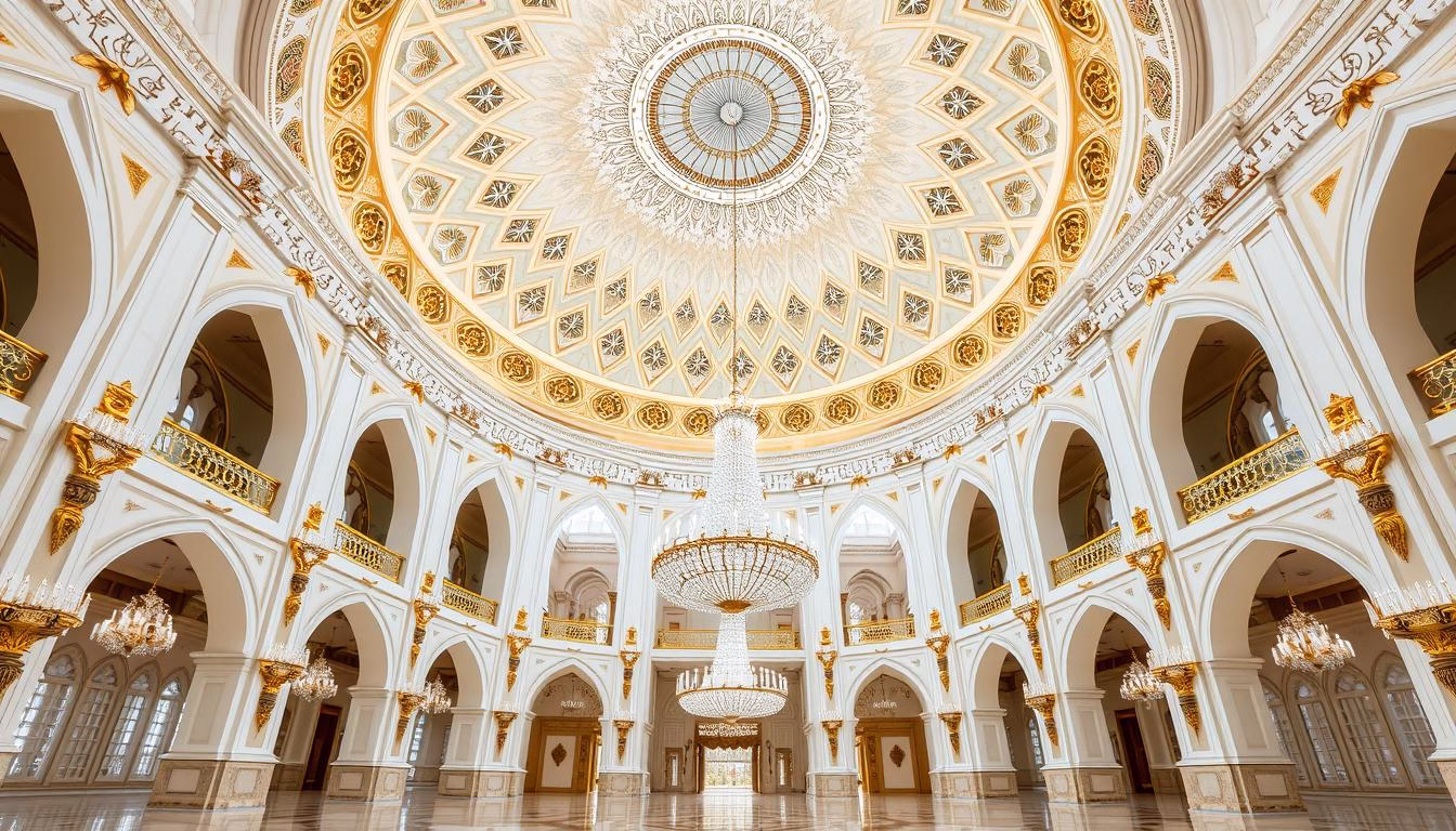 The ornate interior of Qasr Al Watan with its grand dome and intricate Islamic patterns, one of the beautiful places to visit in Abu Dhabi