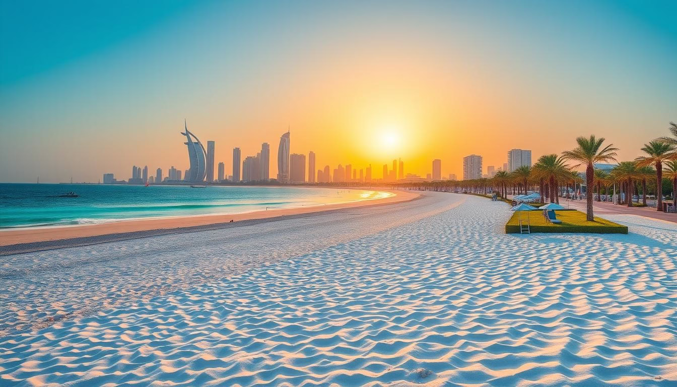 The pristine shoreline of Corniche Beach with Abu Dhabi's skyline in the background, one of the beautiful places to visit in Abu Dhabi
