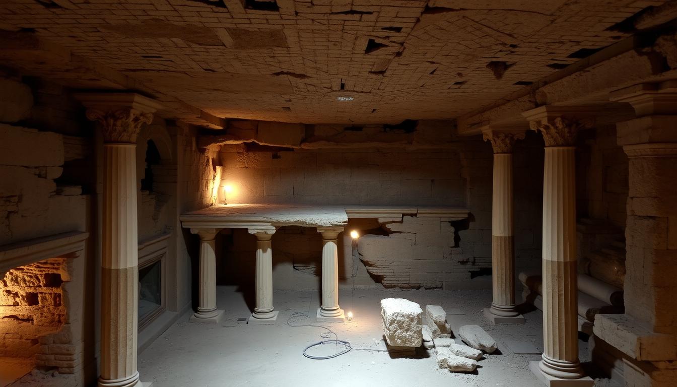 The underground levels of San Clemente Basilica showing ancient Roman structures and frescoes