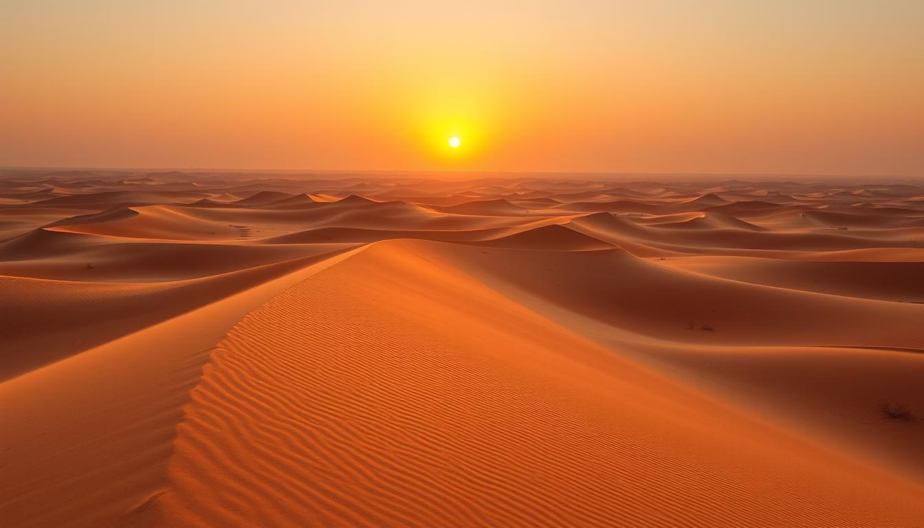The vast golden sand dunes of the Empty Quarter desert at sunset, one of the most beautiful places to visit in Abu Dhabi