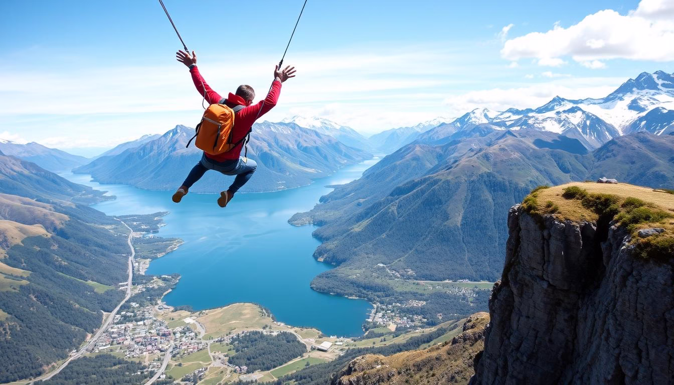 Tourists bungee jumping in Queenstown, New Zealand's adventure capital