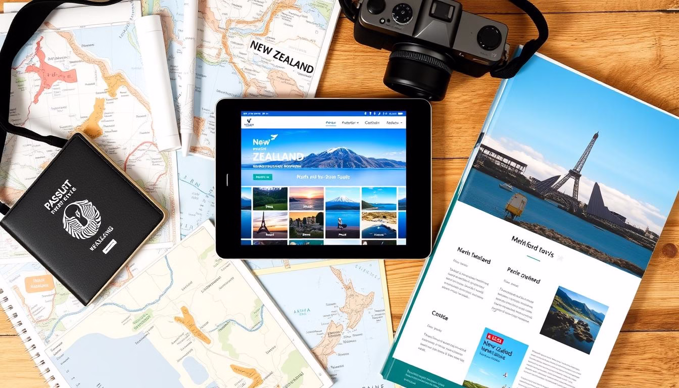 Tourists planning their visit to New Zealand with maps and guidebooks