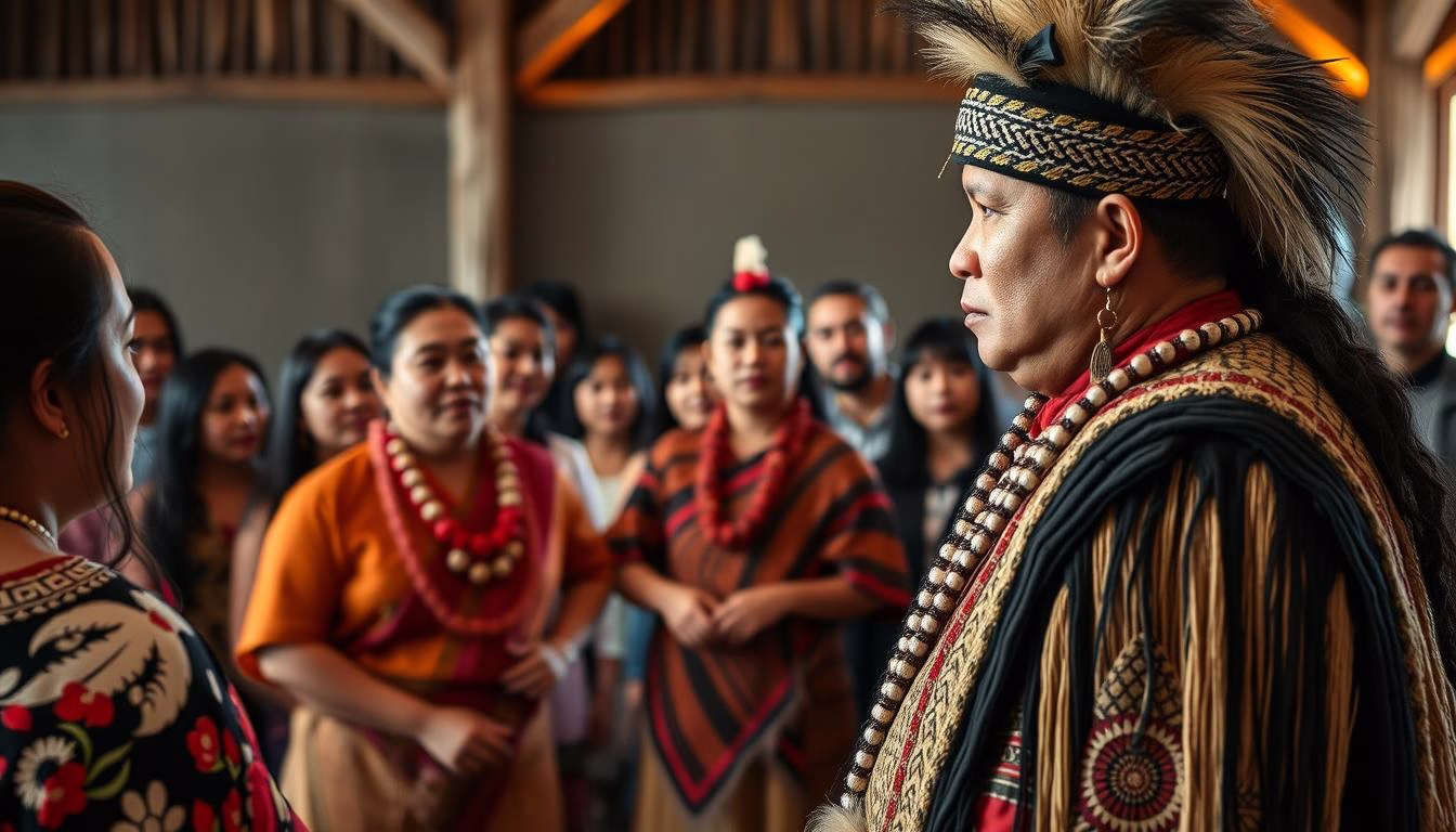 Traditional Māori cultural performance with visitors learning about indigenous culture in New Zealand