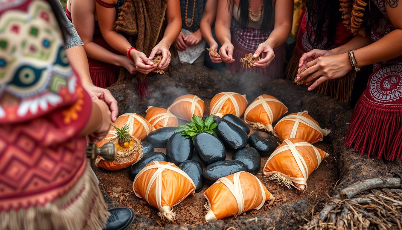 Traditional Māori hangi feast being prepared for visitors to experience authentic New Zealand cuisine